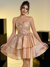 Elegant, Romantic And Cute Champagne Gold Shiny Organza Strapless Tube Top Double Layer Cake Skirt Christmas Party Prom Dress